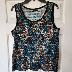 Sleeveless top.  Autonomy. Black, turquoise, tan and brown.  Textured.